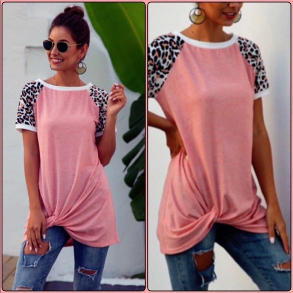 - Twist Hem Pink Heather Leopard Raglan SZ L! NEW!